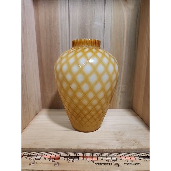 Unmarked Other - Antique Victorian Amber Cased Milk Glass Honeycomb Quilted Optic Vase 6"